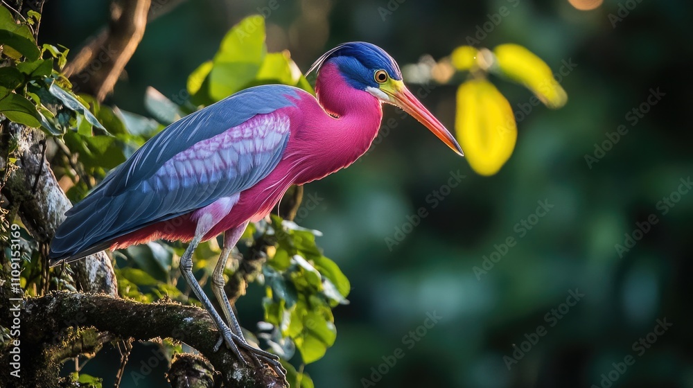 Poster a vibrant bird perched on a tree branch, surrounded by lush greenery