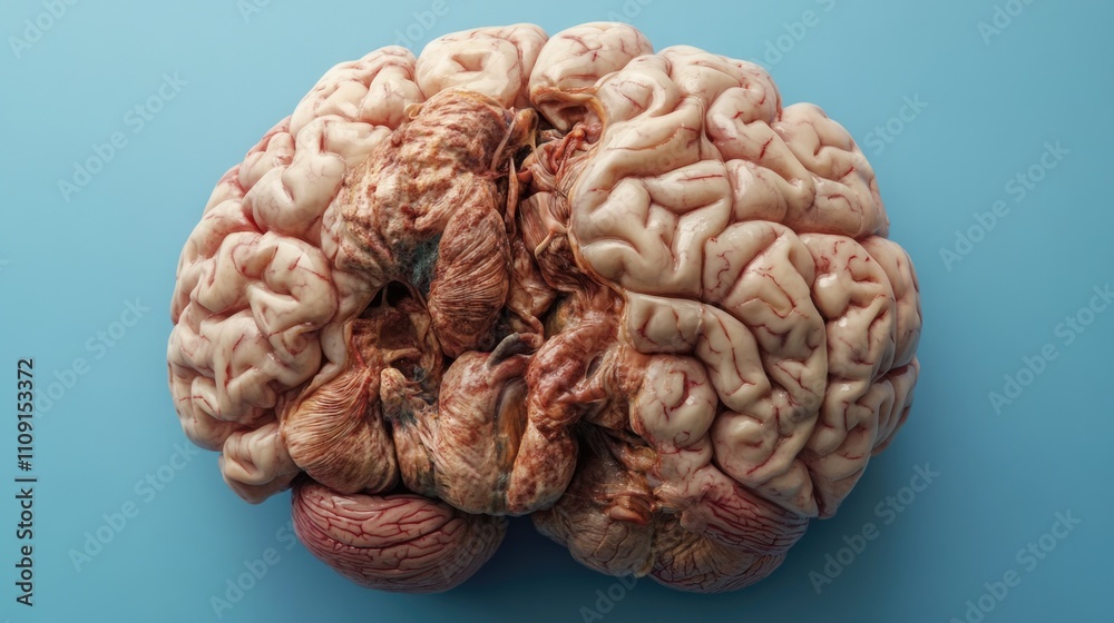 Poster close-up image of a 3d model of a human brain placed on a bright blue surface