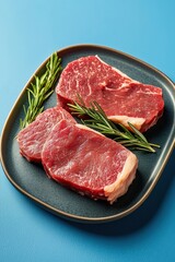 Fototapeta premium Fresh Beef Cuts with Rosemary on Blue Background