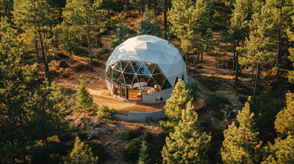 Aerial view of a geodesic dome house nestled in a pine forest.