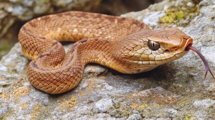 Obraz premium Close-up shot of a snake coiled on a rock, perfect for nature or wildlife photography