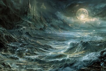 Obraz premium A Dark and Mystical Cityscape with a Large Moon Reflecting on a Rough Sea