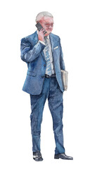 Fototapeta premium Businessman Talking on Phone - Watercolor illustration on white or transparent background, suitable for architectural presentation. 