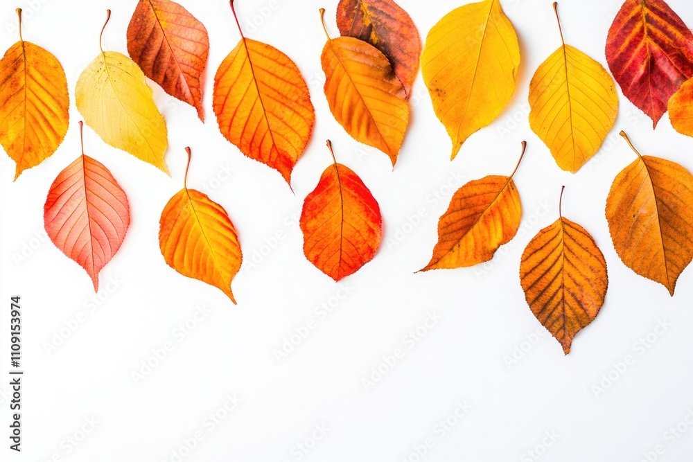 Poster a collection of colorful leaves arranged on a plain white surface