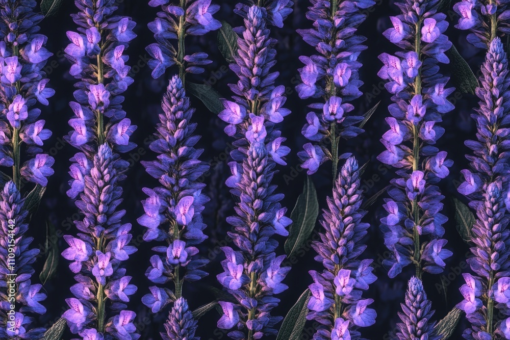 Poster a cluster of purple flowers on a dark black background, perfect for use in designs and layouts where