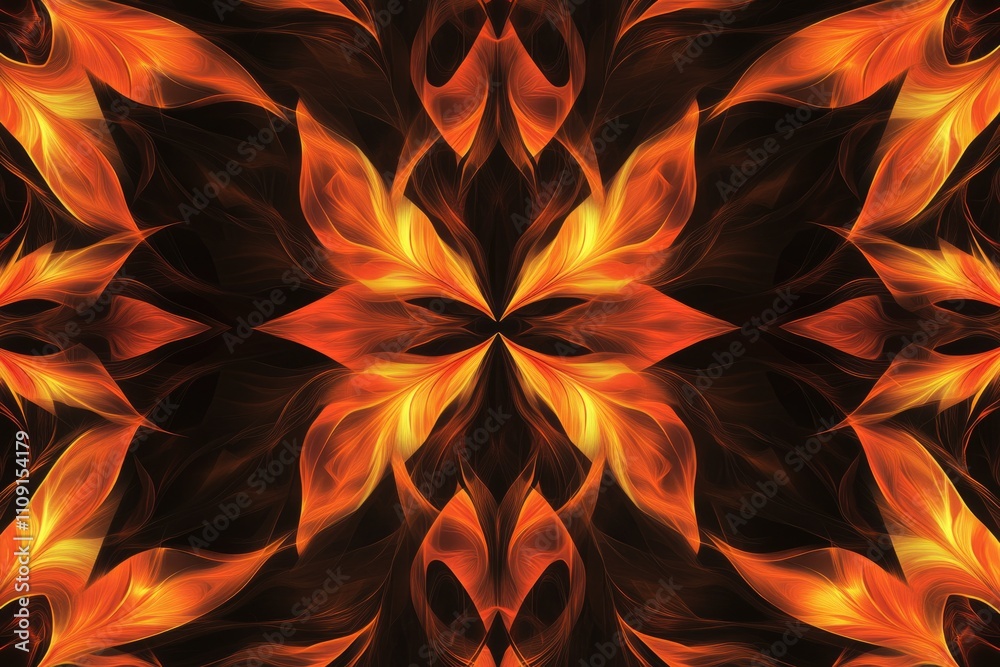 Poster a graphic image featuring a pattern of flames on a dark, black background