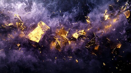 Obraz premium A chaotic burst of smoky textures in deep lavender and metallic golden yellow tones, forming jagged, unpredictable shapes against a smoky black.