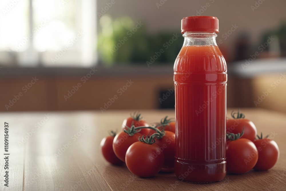 Poster a bottle of tomato juice sitting on a table, ready for use