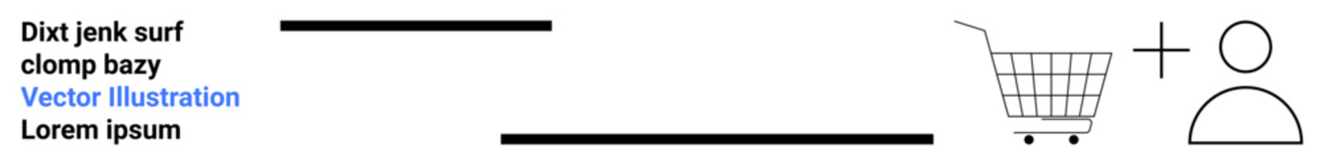 Obraz premium Shopping cart icon next to a user icon, separated by a plus sign, alongside placeholder text with two horizontal lines. Ideal for e-commerce, user registration, online shopping, website banners