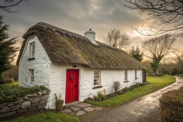 Fototapeta premium Quaint Cottage with Thatched Roof in a Tranquil Rural Setting