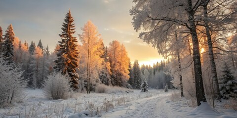 Obraz premium Winter Forest at Sunrise: A Serene Snowy Wonderland