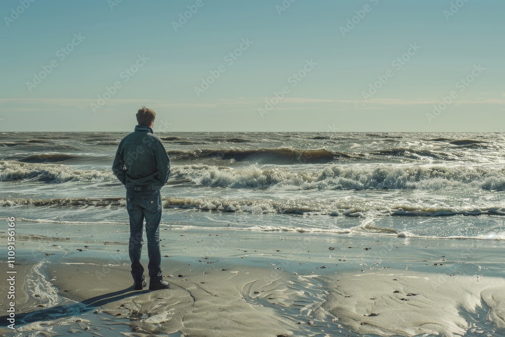 Poster a person standing alone on a beach with the vast ocean as a backdrop, great for travel and adventure