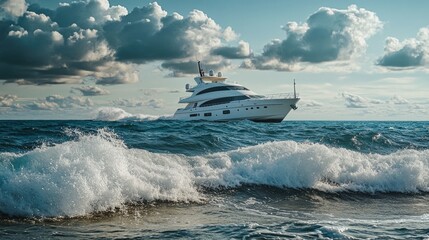 Fototapeta premium A large white boat floats on the surface of a calm body of water, offering a serene and peaceful atmosphere