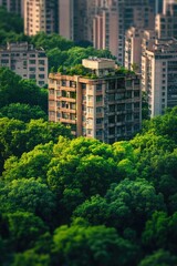 Obraz premium Tall building among dense foliage, suitable for urban or natural landscape illustrations