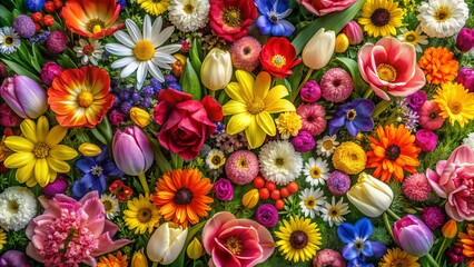 Aerial View of Colorful Spring Flowers Isolated on  Background, Perfect for Seasonal Designs and Nature-Themed Projects