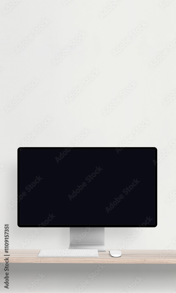 Poster Desktop monitor with a blank screen on a desk featuring a keyboard and mouse, perfect for mockup presentations of websites