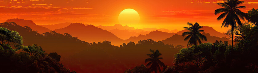 Fototapeta premium Jungle Safari Sunset: Jungle safari sunset colors like safari orange, jungle green, and sunset red create a jungle safari sunset theme