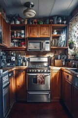 A modern kitchen with wooden cabinets and stainless steel appliances