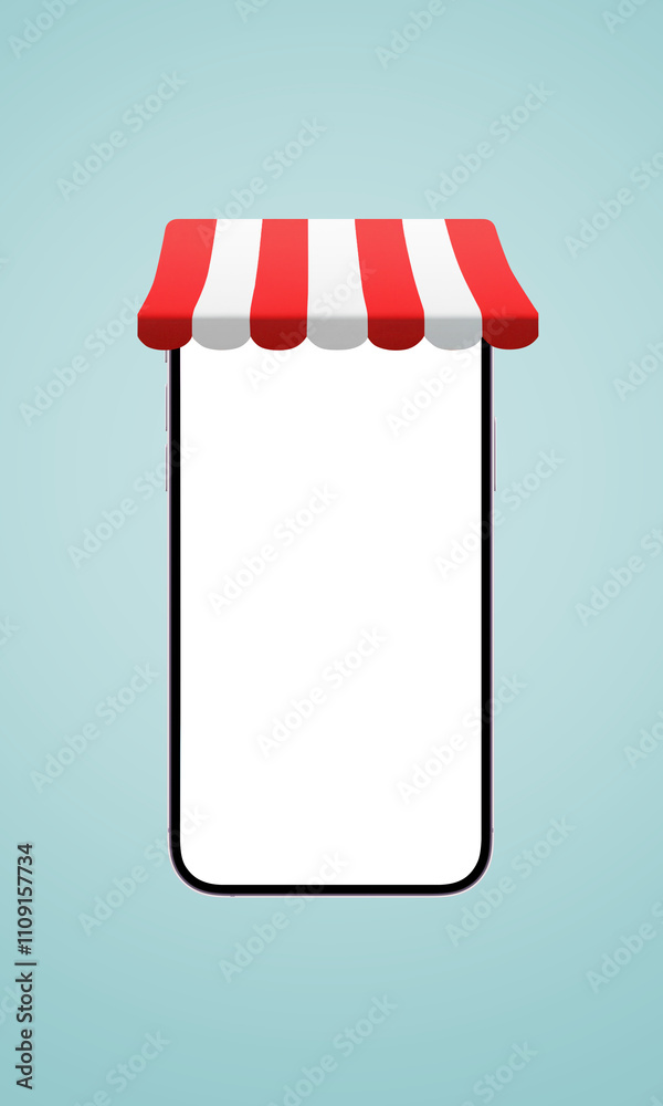 Poster smartphone with an isolated screen under a red-and-white shop canopy, representing the concept of on