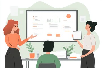 Illustration of coworking space with business women working together. Ai generative art