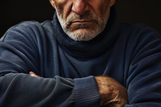 A mature individual with a solemn countenance, ideal for use in various contexts where a thoughtful or contemplative atmosphere is desired