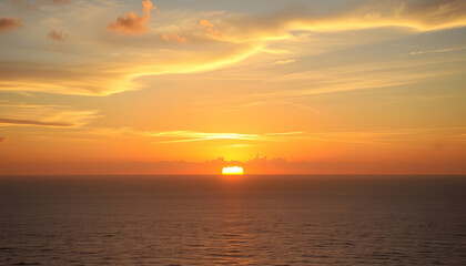 Beautiful sunset over the calm ocean with golden skies and soft clouds, captured from a drone with a white accent, png