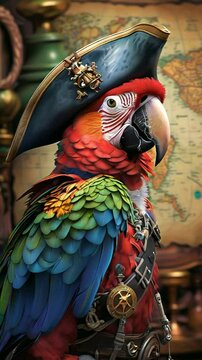 A colorful parrot wearing a pirate hat, set against an old map background.