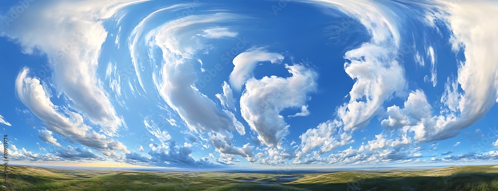 Poster a breathtaking panoramic view of a vibrant sky filled with dynamic clouds over a lush landscape.
