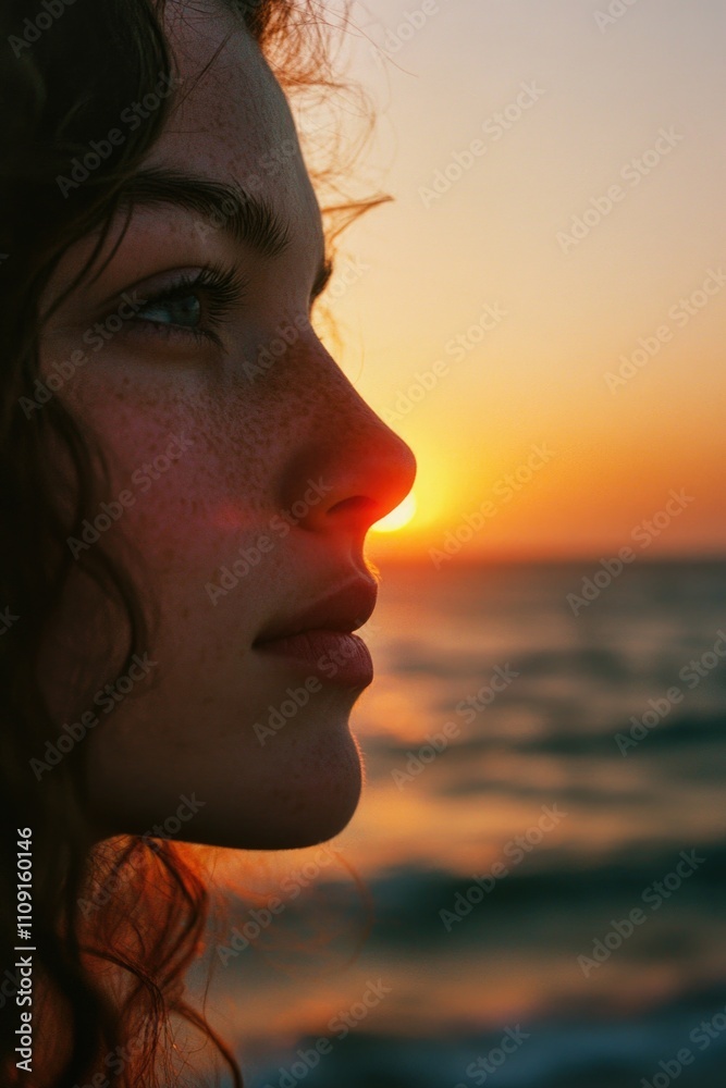 Poster a person enjoying the scenery with a beautiful sunset behind them