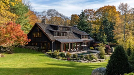 Obraz premium Luxurious dark wood home nestled in vibrant autumn foliage, showcasing a pool and landscaped yard.