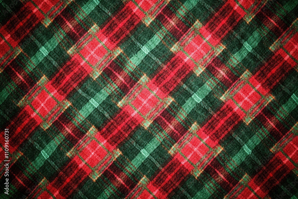 Poster a close-up shot of a vibrant red and green plaid fabric featuring a diagonal pattern