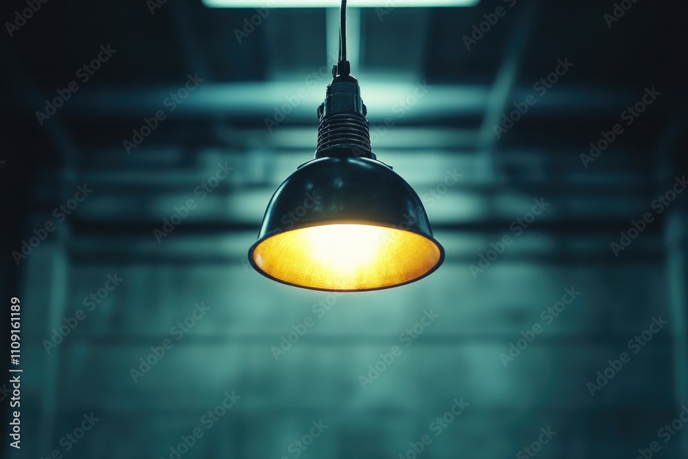 Poster A single light source hangs from the ceiling in a dark and dimly lit room