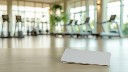 Two empty white cards are placed on a wooden table in a blurred gym setting, ideal for fitness or wellness promotions