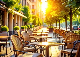 Summer Cafe, Empty Chairs, Outdoor Seating, Sunny Day, Bistro, Patio, Relaxation, Empty Tables, Summertime,  Warm Weather,  Cafe Scene,  Al Fresco Dining, Table Setting,  Empty Chairs Outdoor Cafe