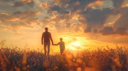 Fototapeta premium Family day concept: Silhouettes father and son holding hand in hand on meadow autumn sunset background