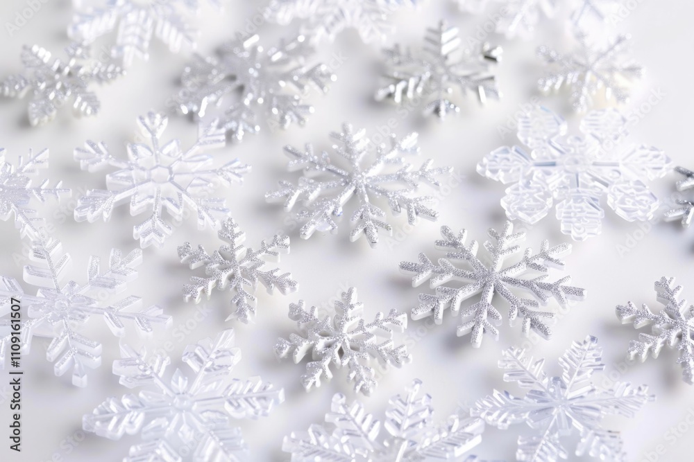 Poster a close-up shot of a bunch of unique snowflakes arranged on a white background