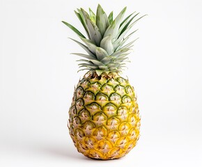Fototapeta premium A ripe pineapple with a spiky crown, showcasing its vibrant yellow and green colors against a plain background.
