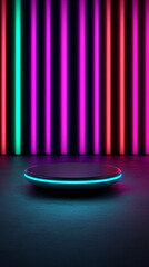 vibrant display of neon lights illuminates circular platform, creating futuristic atmosphere