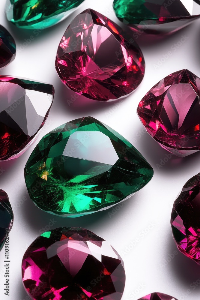Poster a collection of vibrant diamonds in various colors placed on a clean white background