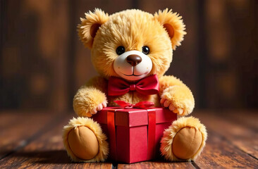 Obraz premium Teddy bear with a gift box in its paws