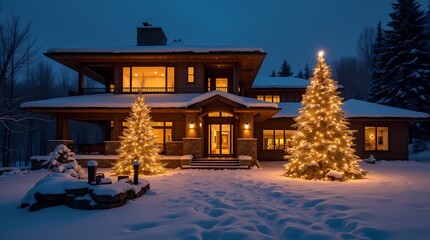 Fototapeta premium Modern house with two lit Christmas trees