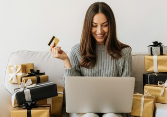 Smiling Woman Shopping Online with Credit Card During Holiday Season