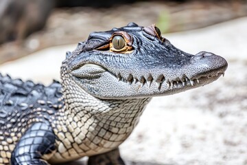 Obraz premium A small alligator sitting on a rock, its scaly skin and sharp teeth visible