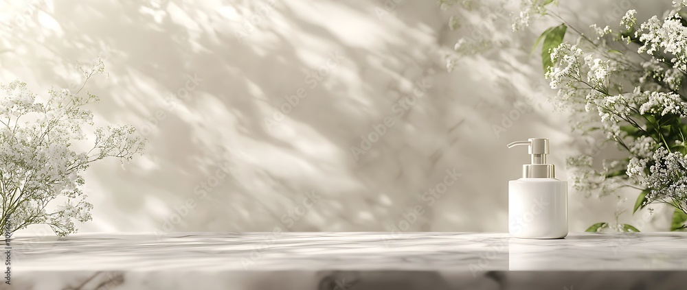 Aufkleber a serene setting featuring a minimalist white bottle on a marble surface, surrounded by soft natural
