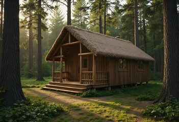 Fototapeta premium The wooden cottage is nestled amidst trees in a peaceful forest, offering a tranquil and scenic setting. Its presence exudes a serene aura, blending seamlessly with the natural surroundings