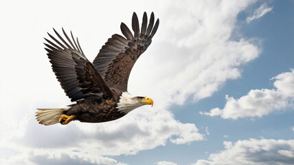 Fototapeta premium A spread-wing bald eagle soars in the sky. Isolated on white background. AI GENERATED