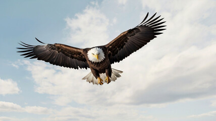 Obraz premium A spread-wing bald eagle soars in the sky. Isolated on white background. AI GENERATED