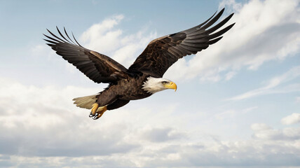Obraz premium A spread-wing bald eagle soars in the sky. Isolated on white background. AI GENERATED