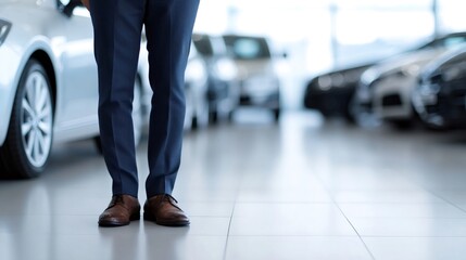 Obraz premium Car dealership salesman ready to greet customers and showcase new vehicles for sale