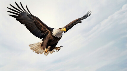 Obraz premium A spread-wing bald eagle soars in the sky. Isolated on white background. AI GENERATED